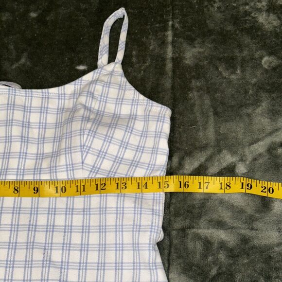 John Galt Mini Fit & Flare Dress Women's White Blue Plaid Straps Belted Back Zip - Picture 8 of 8